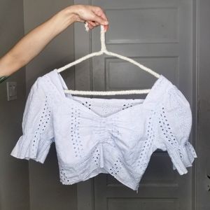 Eyelet Puff Sleeve Sweetheart Crop Top
